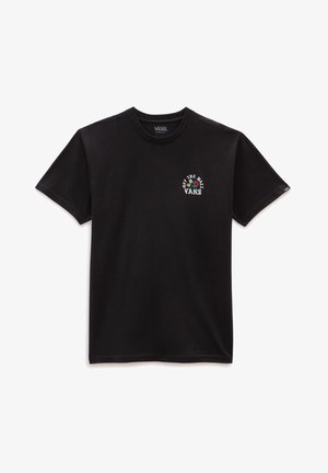 Sort bomulds t-shirt med rund halsudskæring, korte ærmer og et lille broderet logo med roser på venstre bryst.
