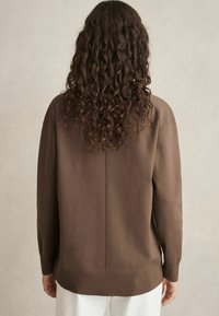Maglione a maglia marrone con una vestibilità rilassata, caratterizzato da maniche lunghe, polsini a coste e una cucitura verticale sul retro. Texture liscia, design casual.