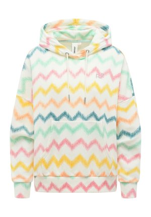 Sweat à capuche avec un motif en zigzag multicolore dans des tons pastel, poche avant et cordons sur un fond clair.
