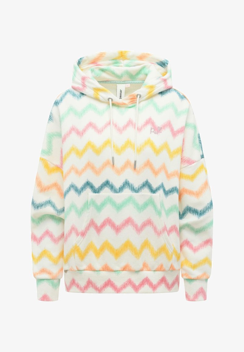 Kapuzensweatshirt mit einem mehrfarbigen Zick-Zack-Muster in Pastellfarben, Fronttasche und Kordelzügen auf hellem Hintergrund.