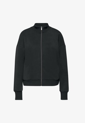 Zwart zip-up sweatshirt met een hoge kraag, ribgebreide manchetten en zoom, met een gladde textuur en een ontspannen pasvorm.