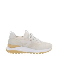 Light beige athletic shoes made of mesh and suede, featuring a textured upper, rounded toe, white midsole, and a yellow rubber outsole.