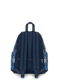 Zaino blu navy con tessuto testurizzato, dotato di spallacci imbottiti, maniglia superiore e tasca frontale con zip. Accenti floreali sui lati.