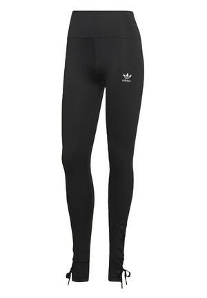 Leggings sportivi neri con vita alta, con un piccolo logo bianco e dettagli con lacci alle caviglie. Realizzati in tessuto elasticizzato.