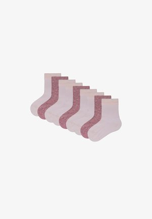 Set of eight ankle socks in pink and mauve hues. Features a ribbed cuff and a soft, textured fabric. Each sock has a different design.