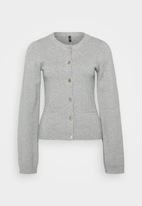 Grey cardigan made of knitted material with a round neckline, full-length sleeves, and six golden button closures. Features two front pockets.