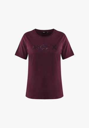 Bordeaux korte mouwen T-shirt met een ronde halslijn. Heeft een gestructureerd "MEXX" logo in donkere pailletten over de borst. Zachte katoenstof.