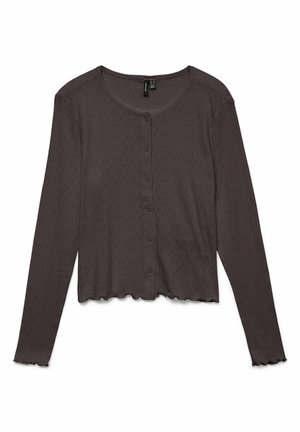 Cardigan brun foncé à manches longues avec boutons, texture à petits points, encolure ronde et bords froncés aux poignets et à l'ourlet.