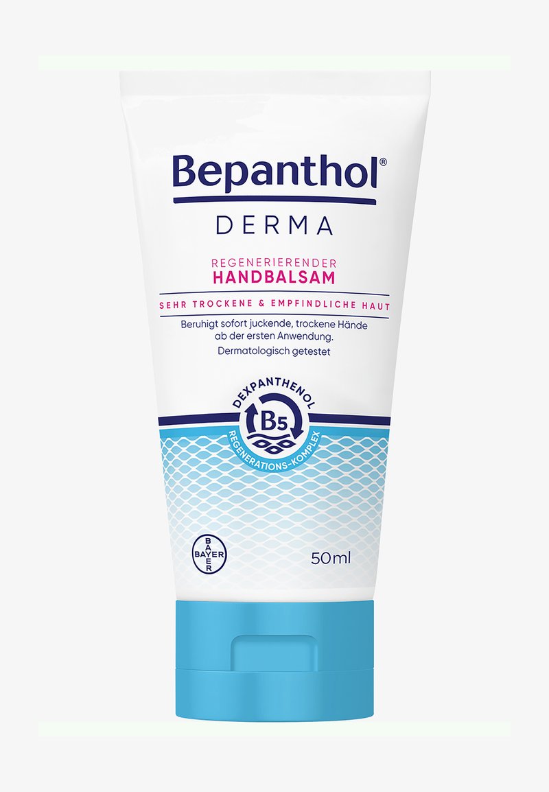 Bepanthol Derma Handbalsam in einer 50-ml-Tube, entwickelt für sehr trockene, empfindliche Haut, mit Dexpanthenol B5 und regenerierendem Komplex.
