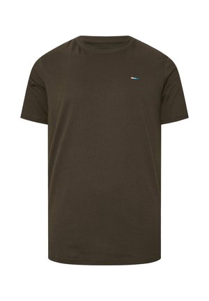 Mørk olivengrøn t-shirt med korte ærmer og rund hals, med lille vandret blåhvidt broderet logo på venstre bryst.