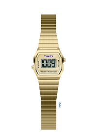 Gold-toned digital Timex wristwatch with expandable metal band, displaying 10:09, featuring water resistance and mode/reset buttons.