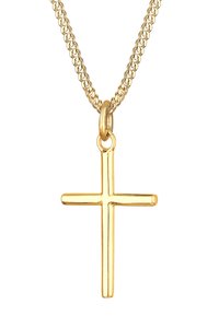 Goldfarbene Kreuzanhänger an einer Halskette mit glatter Oberfläche, die ein einfaches Design und eine leichte, geflochtene Kettenstruktur aufweist.