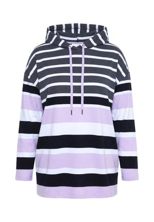 Długi top z kapturem i długimi rękawami, z poziomymi paskami w kolorach czarnym, białym, fioletowym i szarym, wyposażony w kaptur ze sznurkiem z przodu.
