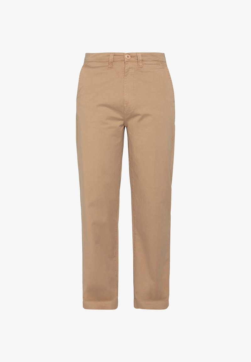 Pantalon beige à jambes droites avec passants de ceinture, fermeture avant à bouton et fermeture éclair, ourlets retroussés.