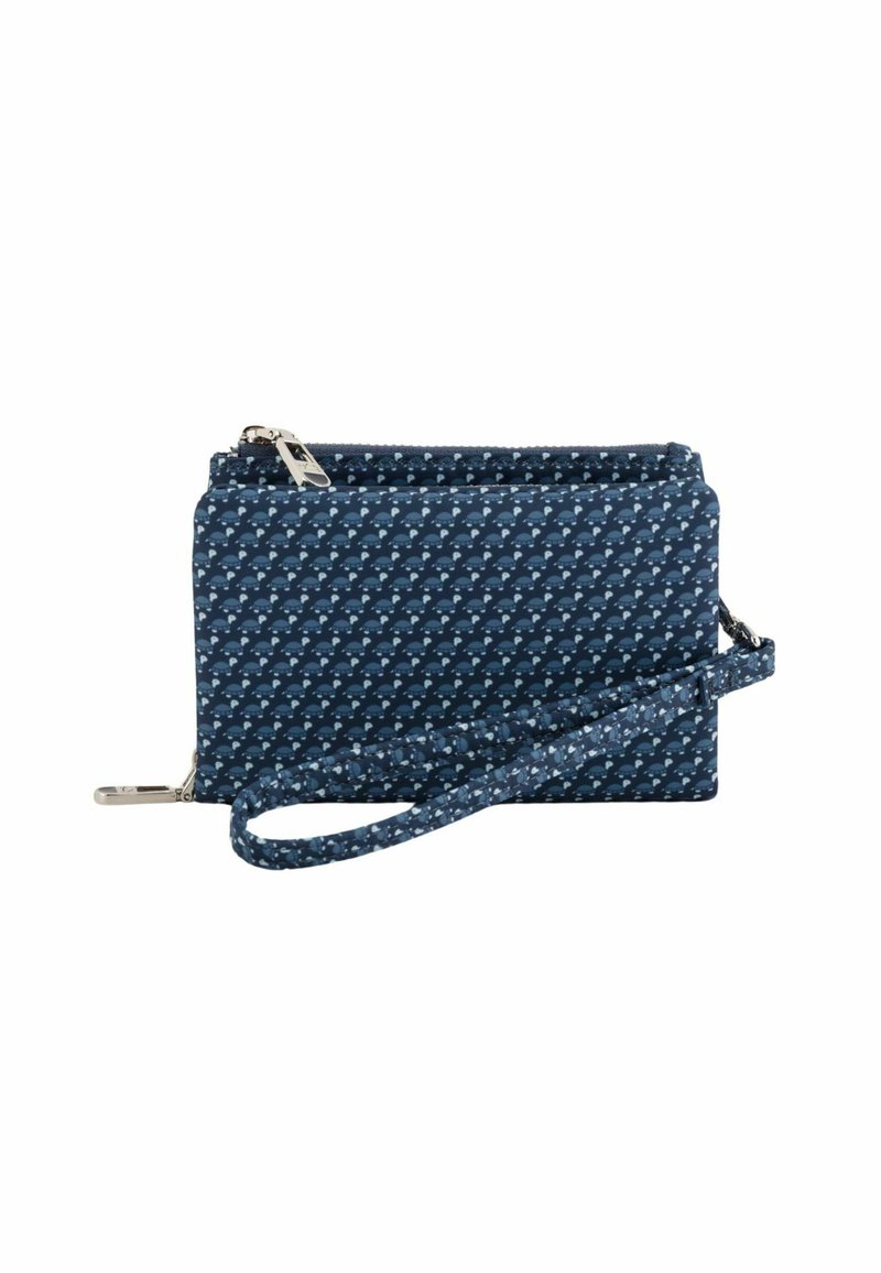Plică cu un model albastru, dotată cu un închidere cu fermoar, având un brâu detașabil și un material texturat. Formă compactă, rectangulară.