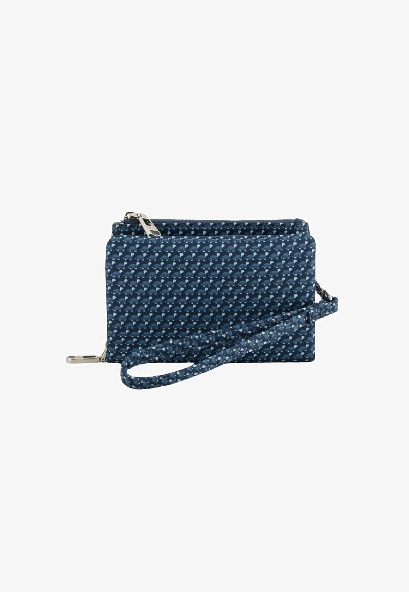 Blauwe clutch met een patroon en een ritssluiting, voorzien van eenafneembare polsband en een textiele stof. Compact rechthoekige vorm.
