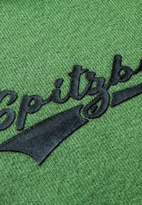 Grüner Stoff mit einem strukturierten Strickmuster, versehen mit schwarzen gestickten Buchstaben, die "Spitzb" lesen, und einem Akzentdesign unter dem Text.