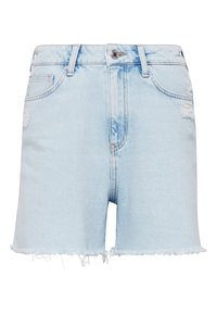 Shorts en denim bleu clair avec ourlets effilochés, poches avant et arrière, fermeture par bouton et légers détails usés sur les poches.