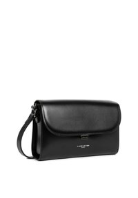 Sac en cuir noir porté travers avec une fermeture à rabat, doté d'une petite plaque logo et d'une bandoulière amovible pour plus de polyvalence.