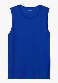 Top desportivo azul sem mangas, feito de material suave, com decote arredondado e textura suave, apresentando detalhes de costura discretos.