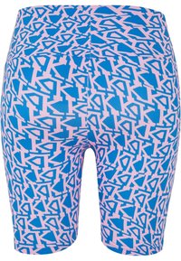 Shorts de cycliste taille haute bleu et rose avec motifs abstraits géométriques répétitifs et une couture au centre du dos.