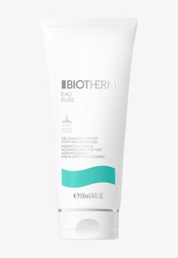 Vit tub med silvertext och en turkos vågdesign längst ner. Innehåller 200 ml uppfriskande duschgeler.