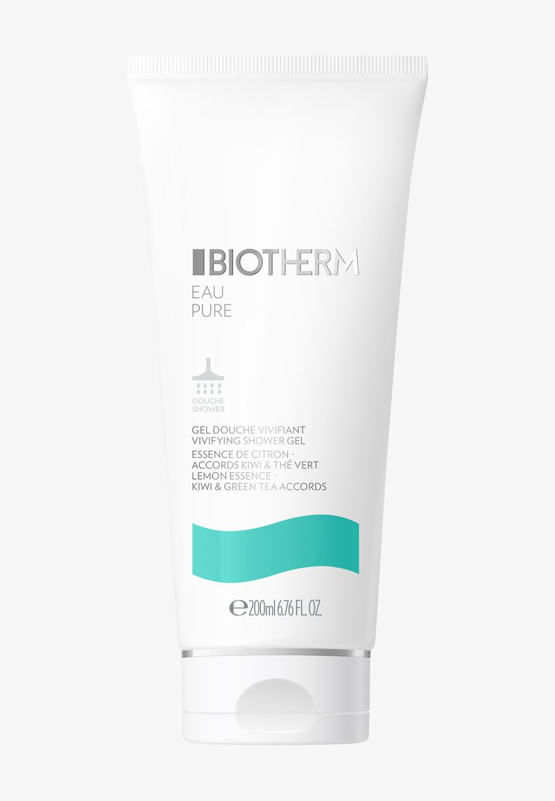 Vit tub med silvertext och en turkos vågdesign längst ner. Innehåller 200 ml uppfriskande duschgeler.