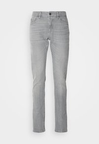 Jeans din denim de culoare gri deschis, cu un design drept, având închidere cu buton în față, stil cu cinci buzunare și detalii subtile de decolorare.