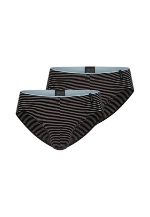 Zwei schwarze Herren-Slips mit dünnen weißen horizontalen Streifen und hellblauen inneren Taillenbändern, dargestellt vor weißem Hintergrund.