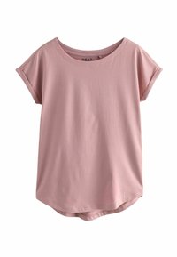 T-shirt rose clair à manches courtes en coton doux, avec un col rond et un ourlet légèrement arrondi.