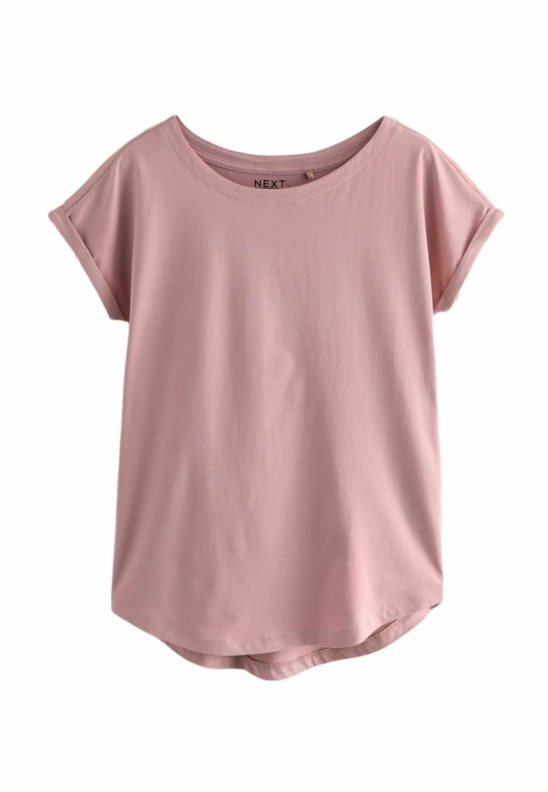 T-shirt rose clair à manches courtes en coton doux, avec un col rond et un ourlet légèrement arrondi.