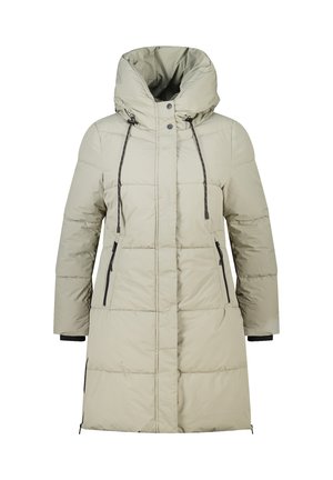 Parka lumineuse grise clair, rembourrée, avec une grande capuche ajustable, fermeture éclair à l'avant et deux poches latérales. Comprend des accents noirs et des poignets élastiques.