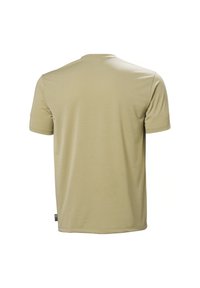 Tričko s krátkým rukávem z světle béžové látky, s kulatým výstřihem, hladkým povrchem a malou etiketou s logem na spodní straně.