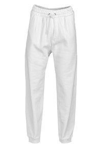 Bílé tepláky s elastickým pasem, detaily na šňůrku a žebrovanými manžetami. Vyrobené z měkké tkaniny s hladkým povrchem.