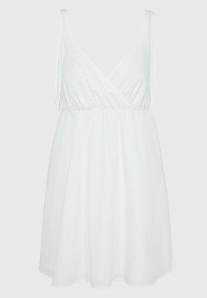 Hvit ermela kjole med V-hals, samlet midje og flytende skjørt. Laget av glatt stoff, med tynne skulderstropper.