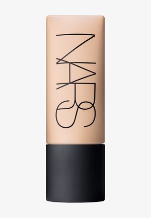 Foundation bottle with beige liquid and black cap, labeled with vertically arranged, stylized "NARS" brand name.