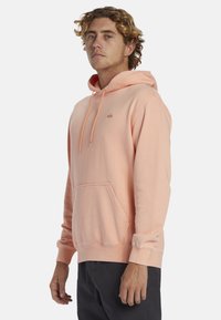 Sudadera con capucha de un suave color durazno claro, con cordones, bolsillo frontal y un pequeño logo en el pecho. Está fabricada con tela suave y tiene puños acanalados.