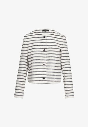 Gestreifte, verkürzte Jacke in Weiß und Schwarz, gefertigt aus strukturiertem Stoff. Hat lange Ärmel und vier zentrale schwarze Knöpfe.