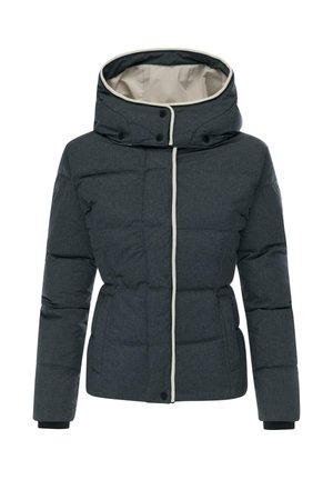 Padded dark gray jacket with hood, featuring a light beige lining, front zipper, and snap buttons. Ribbed cuffs and contrasting trim details.