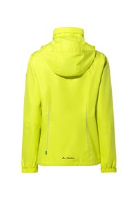 Veste imperméable jaune avec capuche, poignets élastiques et accents réfléchissants. Logo en bas ; tissu lisse et léger. Vue arrière.