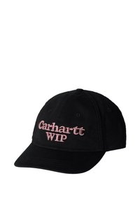 Czarny bawełniany czapka baseballowa z haftowanym różowym logo "Carhartt WIP" z przodu, z otworami wentylacyjnymi i zakrzywionym daszkiem.