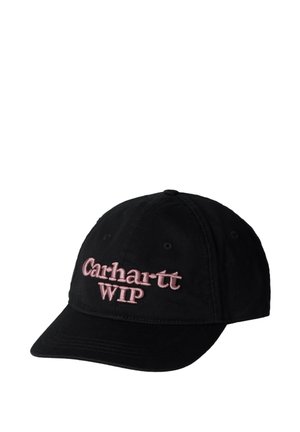 Czarny bawełniany czapka baseballowa z haftowanym różowym logo "Carhartt WIP" z przodu, z otworami wentylacyjnymi i zakrzywionym daszkiem.
