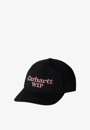 Czarny bawełniany czapka baseballowa z haftowanym różowym logo "Carhartt WIP" z przodu, z otworami wentylacyjnymi i zakrzywionym daszkiem.