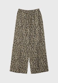 Pantalon à jambes larges imprimé léopard en tissu doux avec une ceinture élastique. Présente un fond beige avec des taches marron foncé.