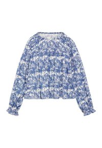 Blauwe en witte bloes met bloemenprint, lichtgewicht stof, geplooide halslijn, lange mouwen met gekruiste manchetten, ontspannen pasvorm, overal bloemenpatroon.