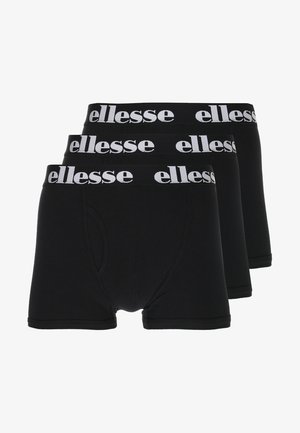 Pack de três boxers de algodão preto com cintura elástica branca, apresentando o logótipo "ellesse" impresso em negrito. Textura suave, design ajustado.
