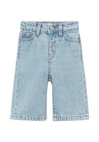 Světle modré denimové šortky s rovný st�řih, pěti kapsami, zapínáním na knoflík a prošívaním podél lemu a švů.