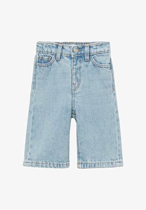 Shorts en jean bleu clair avec une coupe droite, cinq poches, une fermeture à bouton et des détails de couture le long de l'ourlet et des coutures.
