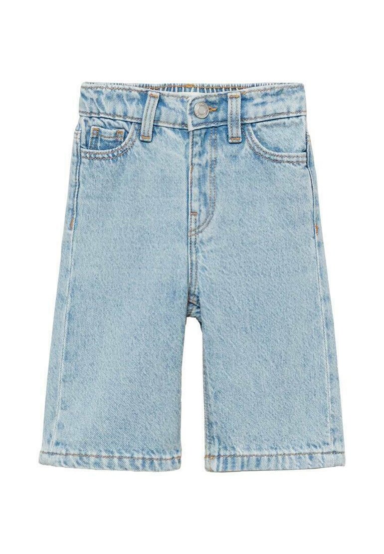Světle modré denimové šortky s rovný střih, pěti kapsami, zapínáním na knoflík a prošívaním podél lemu a švů.