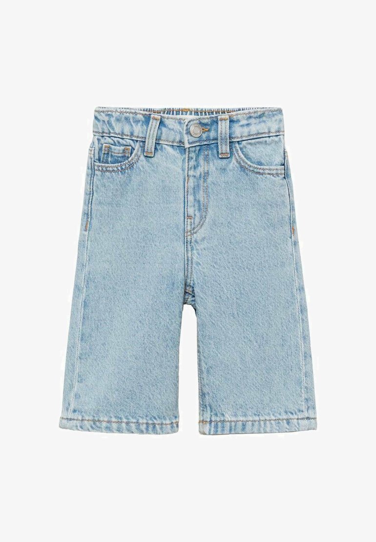 Pantaloni scurți din denim de culoare albastru deschis, cu un croi drept, cinci buzunare, închidere cu nasture și detalii cusute pe tiv și cusături.